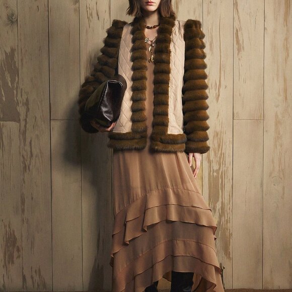 Khaki Casual Women's Quilted Fluffy Coat with Fake Fur - Picture 5 of 9